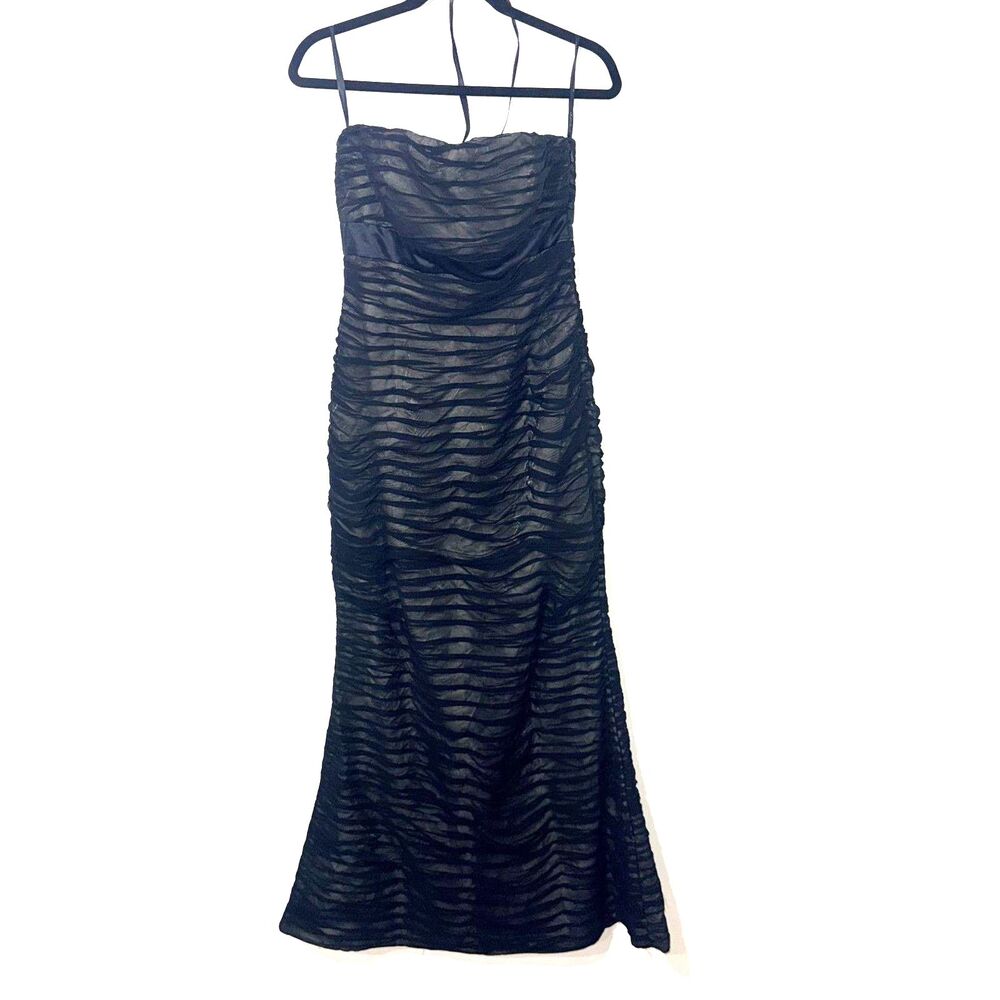 Jovani Strapless Silk Gathered Mermaid Midi Dress - Black/Tan 8